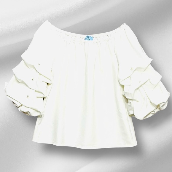 Cece Off Shoulder Blouse Womens S Ivory Tiered Balloon Sleeve Boho Chic Romantic - Picture 2 of 13